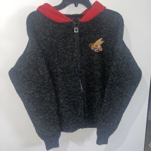 Vtg Black Zip Hoodie with Red Lining & Embroidered Bee Patch Wool Unisex S-M